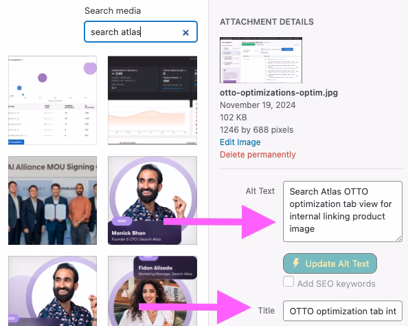Always add a descriptive title and alt text to every image Example of Alt Text and Title name in WordPress