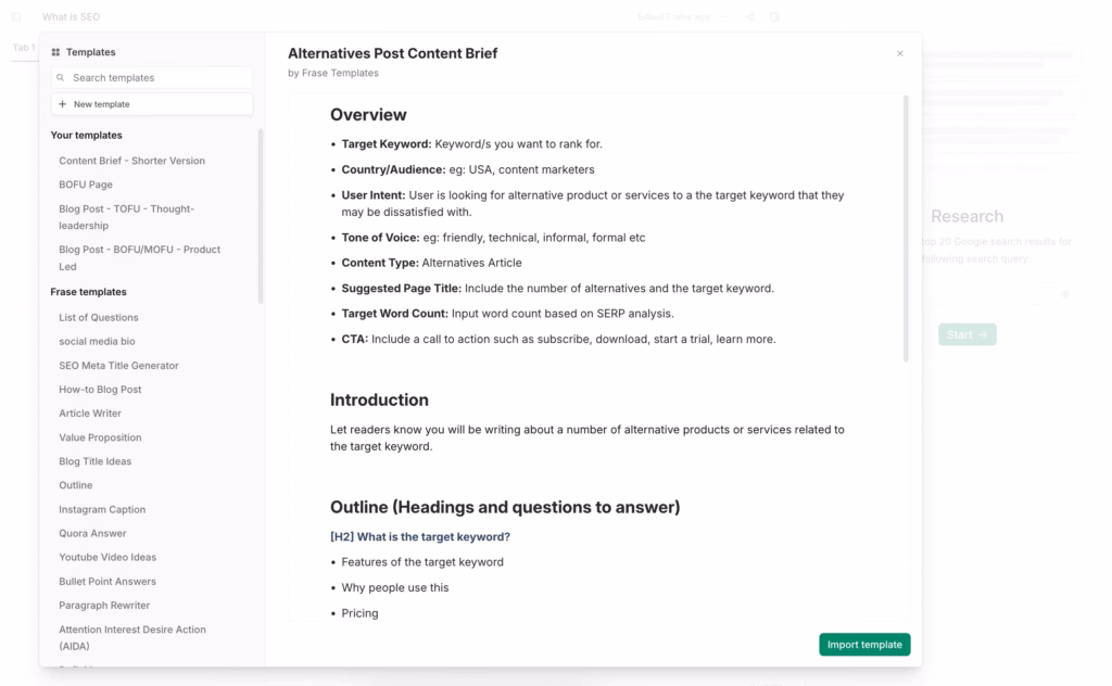 Via Frase frase content brief generator