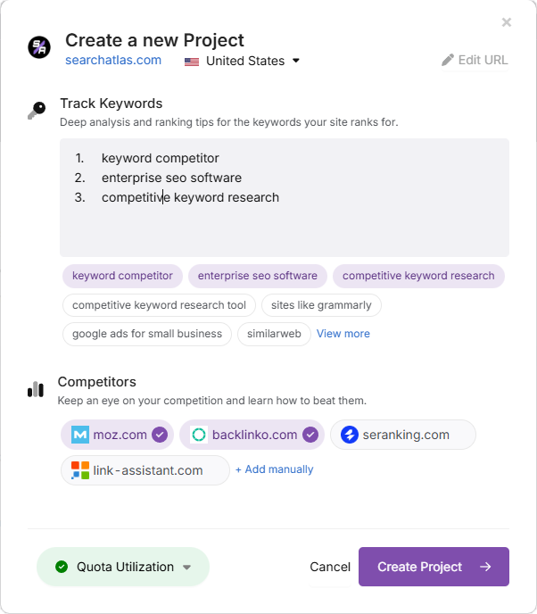search atlas Create a New Project step 3
