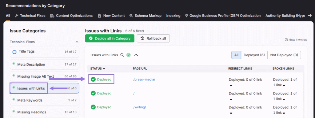 OTTO SEO automatically finds and fixes redirects and broken links. OTTO SEO issues with links