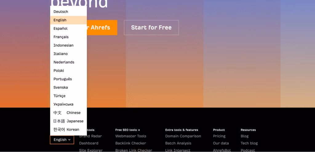 Via Ahrefs list of languages in ahrefs