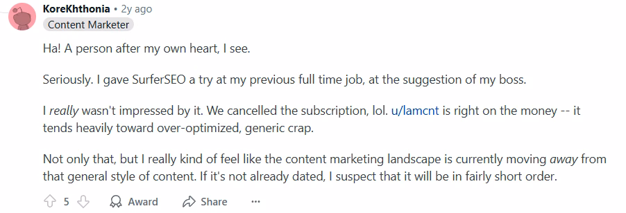 Via Reddit Reddit surfer SEO review 3