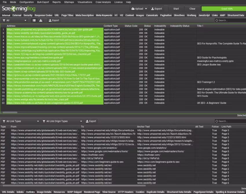 Via Screaming Frog Screaming Frog SEO Spider crawl report displaying indexed PDF files with status codes, indexability, and metadata details