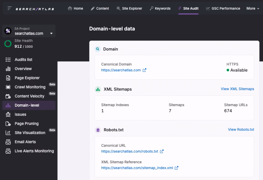 The Search Atlas Domain-Level Audit provides a quick view of your site’s Robots.txt files and sitemaps to easily fix any errors. Search Atlas Domain-Level Audit of Sitemaps and Robots.txt files