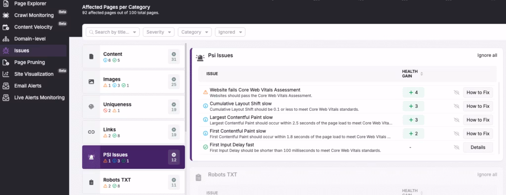 Search Atlas’ Audit feature allows you to see mobile and desktop site speed and performance issues as well as other technical SEO recommended fixes to improve your site. Search Atlas Audit PSI and Speed Issues