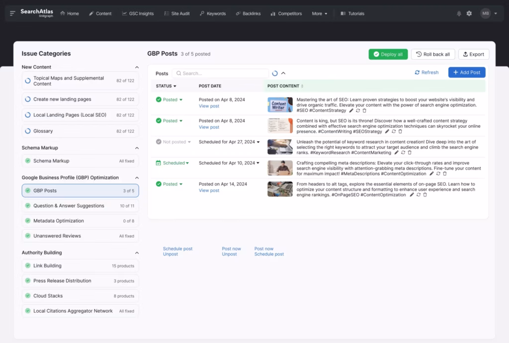 OTTO is your one-stop AI SEO tool to detect site issues and even automatically fix them! Search Atlas OTTO SEO Issue Details and GBP Posts Feature