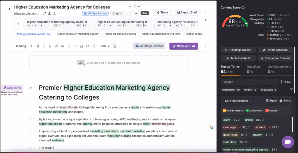 Use the Search Atlas SEO Content Genius for content analysis, scores, keyword suggestions, and insights on everything you publish A screenshot of a webpage titled "Higher Education Marketing Agency for Colleges" showcases highlighted text alongside an SEO content analysis sidebar, featuring scores, keyword suggestions, and insights on affordable SEO tools.