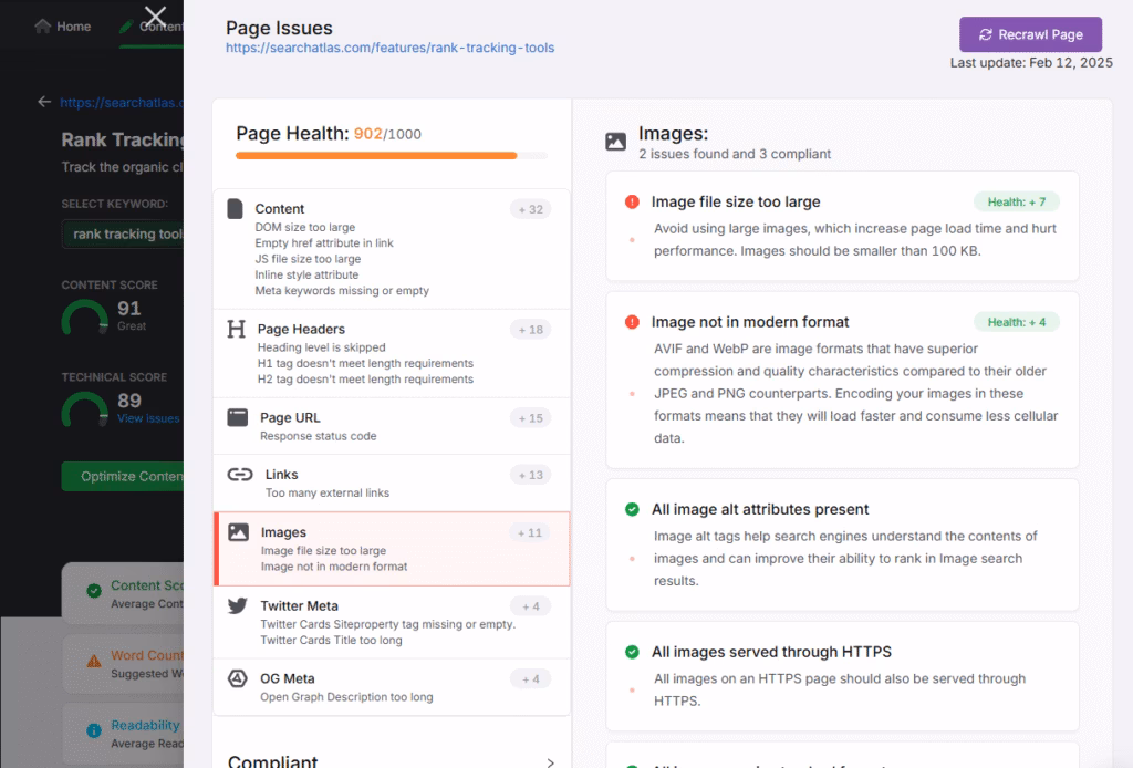 Use On-page Audit Tool to check your image’s file, alt attributes, format, and more. searcha atlas on page audit images